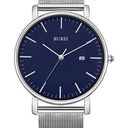 BUREI Reloj de Pulsera clásico para Hombres Estuche Ultra Fino Minimalista Dial analógico con Fecha Movimiento de Cuarzo japonés