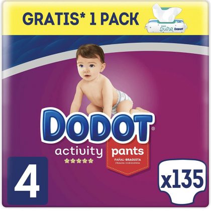 Dodot Pañales Bebé Activity Pants Talla 4 (9-15 kg), 135 Pañales + 1 Pack de 48 Toallitas Dodot Aqua Pure de Regalo