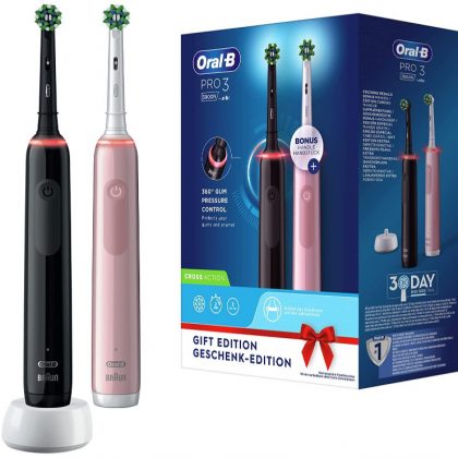 Oral-B PRO 3 Cepillos de Dientes Eléctricos (Pack de 2) con Mangos Recargables, Tecnología Braun y 2 Cabezales de Recambio y Control de Presión, 3900 N, - Rosa/Negro